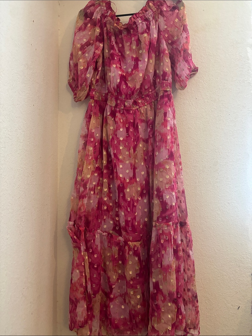 LOFT Pink Floral Tiered Maxi Dress with Gold Accents